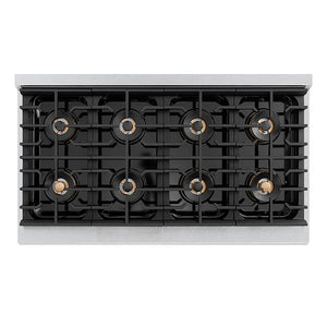 ZLINE Autograph Edition 48 in. 6.7 cu. ft. Paramount Gas Range with 8 Burner DuoPro™ Cooktop and Dual Ovens in Satin Stainless Steel and Polished Gold Accents (PSGRSZ-48-G) top-down, above cooktop.