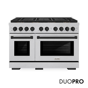 ZLINE Autograph Edition 48 in. 6.7 cu. ft. Paramount Gas Range with 8 Burner DuoPro™ Cooktop and Dual Ovens in Satin Stainless Steel and Matte Black Accents (PSGRSZ-48-MB) front, with DuoPro™ logo.