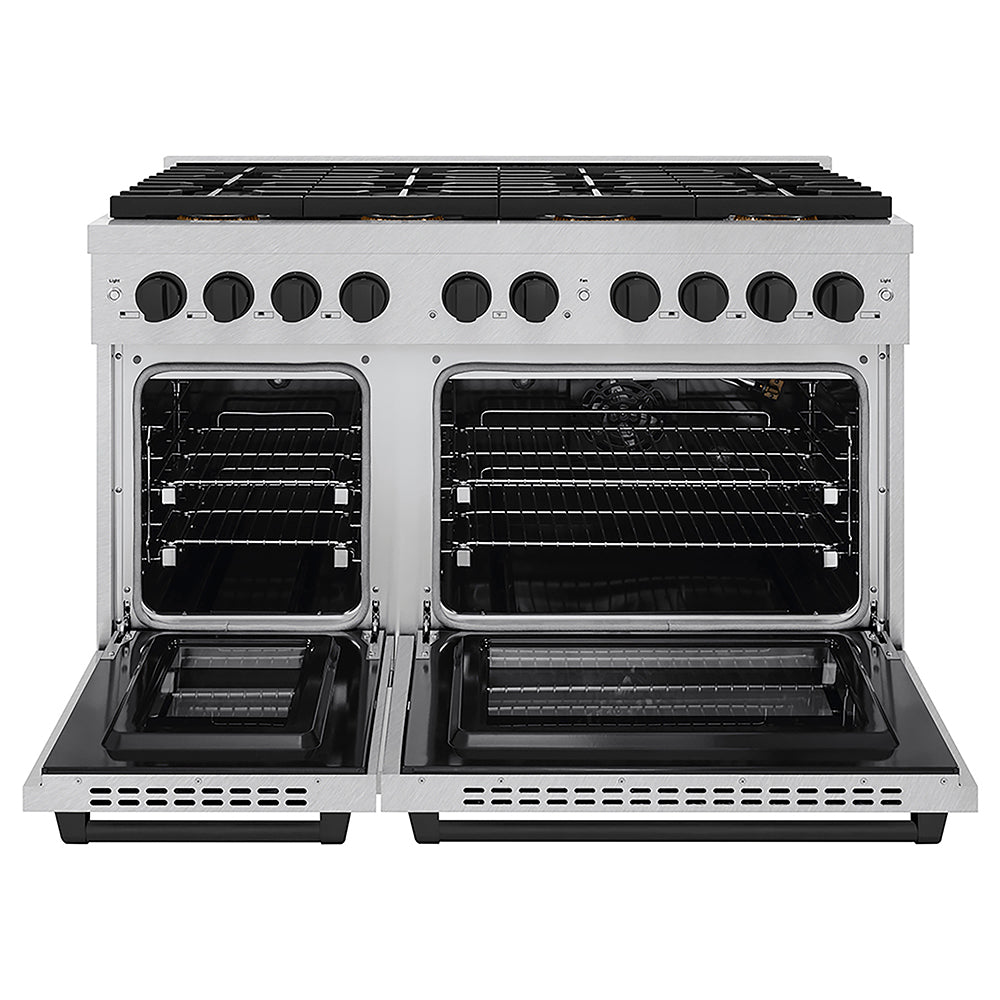 ZLINE Autograph Edition 48 in. 6.7 cu. ft. Paramount Gas Range with 8 Burner DuoPro™ Cooktop and Dual Ovens in Satin Stainless Steel and Matte Black Accents (PSGRSZ-48-MB) front, oven open.