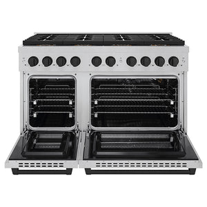 ZLINE Autograph Edition 48 in. 6.7 cu. ft. Paramount Gas Range with 8 Burner DuoPro™ Cooktop and Dual Ovens in Satin Stainless Steel and Matte Black Accents (PSGRSZ-48-MB) front, oven open.