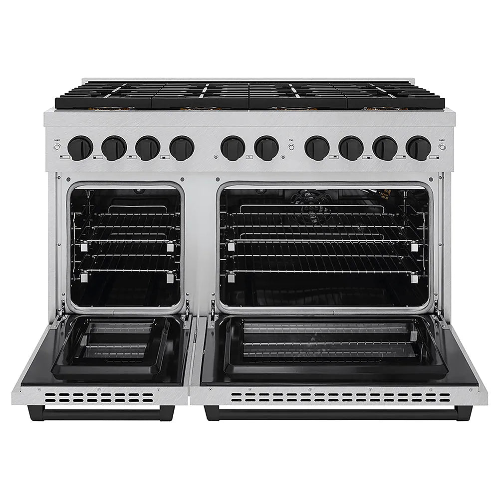 ZLINE Autograph Edition 48 in. 6.7 cu. ft. Paramount Gas Range with 8 Burner DuoPro™ Cooktop and Dual Ovens in Satin Stainless Steel and Matte Black Accents (PSGRSZ-48-MB) front, oven open.