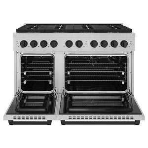 ZLINE Autograph Edition 48 in. 6.7 cu. ft. Paramount Gas Range with 8 Burner DuoPro™ Cooktop and Dual Ovens in Satin Stainless Steel and Matte Black Accents (PSGRSZ-48-MB) front, oven open.