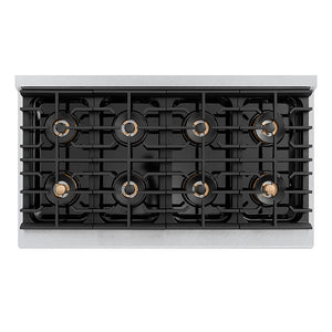 ZLINE Autograph Edition 48 in. 6.7 cu. ft. Paramount Gas Range with 8 Burner DuoPro™ Cooktop and Dual Ovens in Satin Stainless Steel and Matte Black Accents (PSGRSZ-48-MB) top-down, above cooktop.