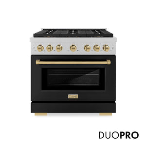 ZLINE Autograph Edition 36 in. 5.2 cu. ft. Paramount Dual Fuel Range with 6 Burner DuoPro™ Cooktop and Electric Convection Oven in Satin Stainless Steel with Black Matte Door and Champagne Bronze Accents (PSDRSZ-BLM36-CB)