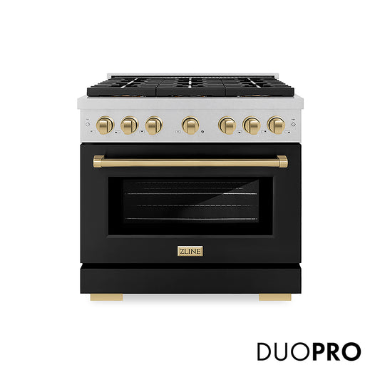ZLINE Autograph Edition 36 in. 5.2 cu. ft. Paramount Dual Fuel Range with 6 Burner DuoPro™ Cooktop and Electric Convection Oven in Satin Stainless Steel with Black Matte Door and Champagne Bronze Accents (PSDRSZ-BLM36-CB)