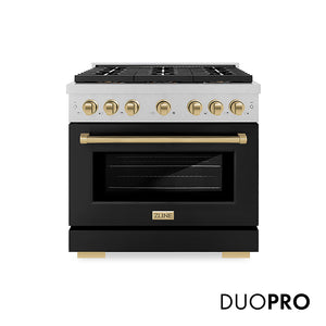 ZLINE Autograph Edition 36 in. 5.2 cu. ft. Paramount Gas Range with 6 Burner DuoPro™ Cooktop and Convection Gas Oven in Satin Stainless Steel with Black Matte Door and Champagne Bronze Accents (PSGRSZ-BLM36-CB) front, with DuoPro™ logo.