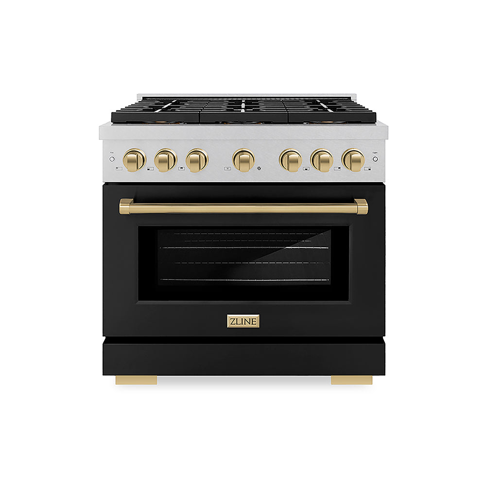 ZLINE Autograph Edition 36 in. 5.2 cu. ft. Paramount Dual Fuel Range with 6 Burner DuoPro™ Cooktop and Electric Convection Oven in Satin Stainless Steel with Black Matte Door and Champagne Bronze Accents (PSDRSZ-BLM36-CB)
