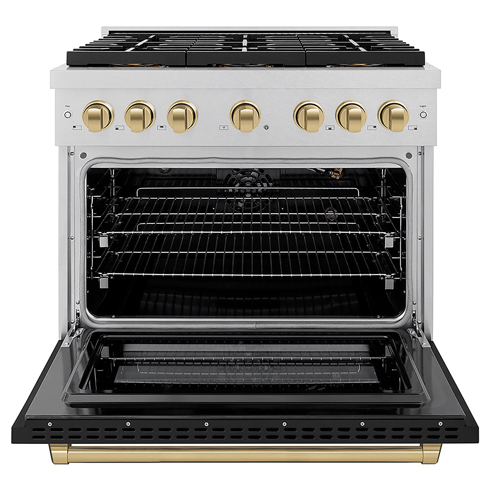 ZLINE Autograph Edition 36 in. 5.2 cu. ft. Paramount Gas Range with 6 Burner DuoPro™ Cooktop and Convection Gas Oven in Satin Stainless Steel with Black Matte Door and Champagne Bronze Accents (PSGRSZ-BLM36-CB) front, oven open.