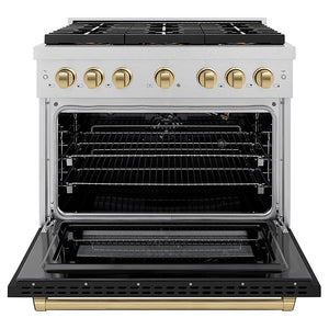 ZLINE Autograph Edition 36 in. 5.2 cu. ft. Paramount Gas Range with 6 Burner DuoPro™ Cooktop and Convection Gas Oven in Satin Stainless Steel with Black Matte Door and Champagne Bronze Accents (PSGRSZ-BLM36-CB) front, oven open.