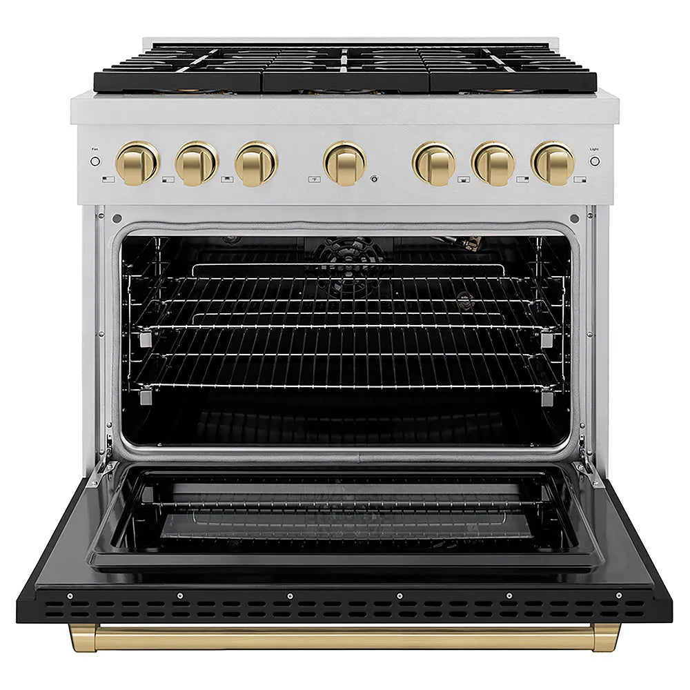 ZLINE Autograph Edition 36 in. 5.2 cu. ft. Paramount Gas Range with 6 Burner DuoPro™ Cooktop and Convection Gas Oven in Satin Stainless Steel with Black Matte Door and Champagne Bronze Accents (PSGRSZ-BLM36-CB) front, oven open.
