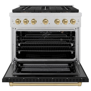 ZLINE Autograph Edition 36 in. 5.2 cu. ft. Paramount Gas Range with 6 Burner DuoPro™ Cooktop and Convection Gas Oven in Satin Stainless Steel with Black Matte Door and Champagne Bronze Accents (PSGRSZ-BLM36-CB) front, oven open.