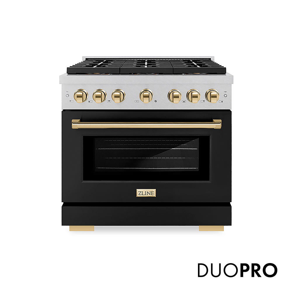 ZLINE Autograph Edition 36 in. 5.2 cu. ft. Paramount Gas Range with 6 Burner DuoPro™ Cooktop and Convection Gas Oven in Satin Stainless Steel with Black Matte Door and Polished Gold Accents (PSGRSZ-BLM36-G) front, with DuoPro™ logo.