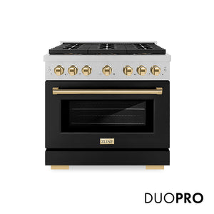 ZLINE Autograph Edition 36 in. 5.2 cu. ft. Paramount Gas Range with 6 Burner DuoPro™ Cooktop and Convection Gas Oven in Satin Stainless Steel with Black Matte Door and Polished Gold Accents (PSGRSZ-BLM36-G) front, with DuoPro™ logo.