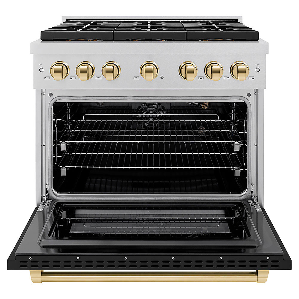 ZLINE Autograph Edition 36 in. 5.2 cu. ft. Paramount Gas Range with 6 Burner DuoPro™ Cooktop and Convection Gas Oven in Satin Stainless Steel with Black Matte Door and Polished Gold Accents (PSGRSZ-BLM36-G) front, oven open.