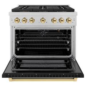 ZLINE Autograph Edition 36 in. 5.2 cu. ft. Paramount Gas Range with 6 Burner DuoPro™ Cooktop and Convection Gas Oven in Satin Stainless Steel with Black Matte Door and Polished Gold Accents (PSGRSZ-BLM36-G) front, oven open.