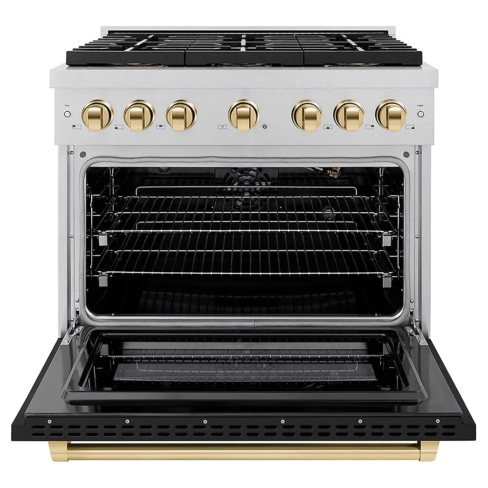 ZLINE Autograph Edition 36 in. 5.2 cu. ft. Paramount Gas Range with 6 Burner DuoPro™ Cooktop and Convection Gas Oven in Satin Stainless Steel with Black Matte Door and Polished Gold Accents (PSGRSZ-BLM36-G) front, oven open.