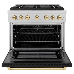 ZLINE Autograph Edition 36 in. 5.2 cu. ft. Paramount Gas Range with 6 Burner DuoPro™ Cooktop and Convection Gas Oven in Satin Stainless Steel with Black Matte Door and Polished Gold Accents (PSGRSZ-BLM36-G) front, oven open.