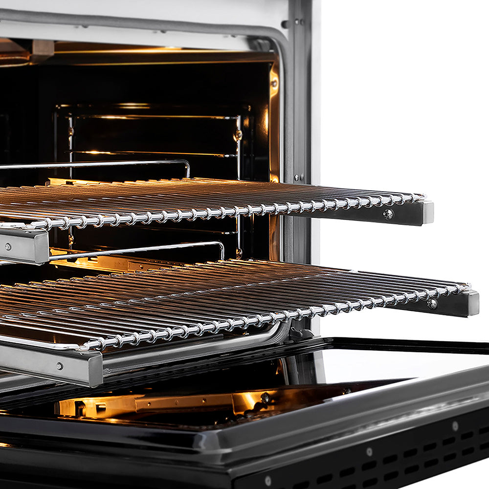 ZLINE Autograph Edition 36 in. 5.2 cu. ft. Paramount Gas Range with 6 Burner DuoPro™ Cooktop and Convection Gas Oven in Satin Stainless Steel with Black Matte Door and Polished Gold Accents (PSGRSZ-BLM36-G) close-up, oven open with racks extended, showing design and structure.