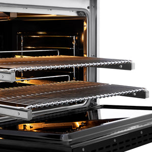 ZLINE Autograph Edition 36 in. 5.2 cu. ft. Paramount Gas Range with 6 Burner DuoPro™ Cooktop and Convection Gas Oven in Satin Stainless Steel with Black Matte Door and Polished Gold Accents (PSGRSZ-BLM36-G) close-up, oven open with racks extended, showing design and structure.