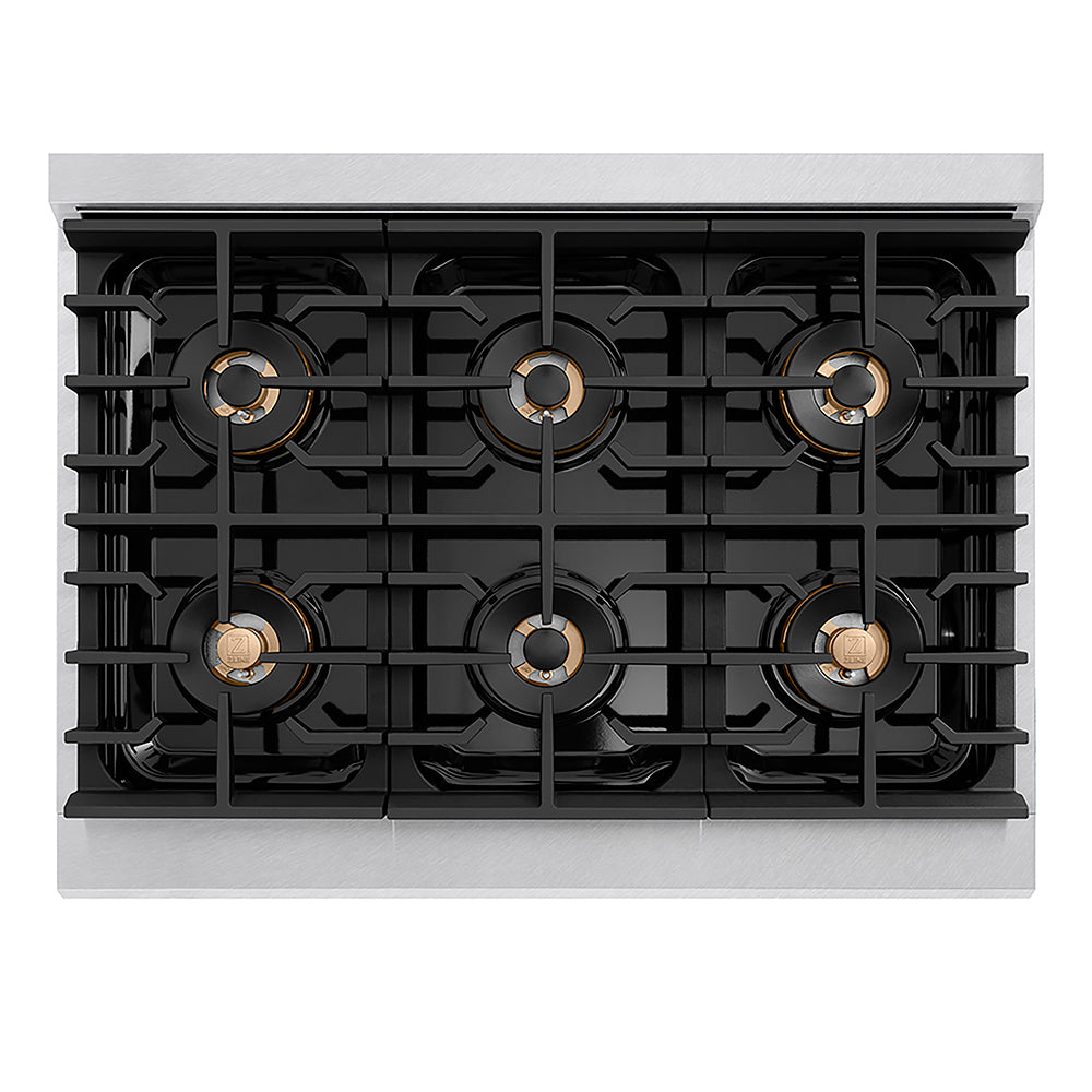 ZLINE Autograph Edition 36 in. 5.2 cu. ft. Paramount Gas Range with 6 Burner DuoPro™ Cooktop and Convection Gas Oven in Satin Stainless Steel with Black Matte Door and Polished Gold Accents (PSGRSZ-BLM36-G) top-down, above cooktop.