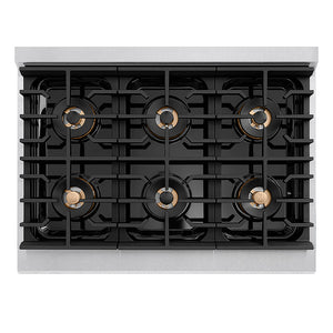 ZLINE Autograph Edition 36 in. 5.2 cu. ft. Paramount Gas Range with 6 Burner DuoPro™ Cooktop and Convection Gas Oven in Satin Stainless Steel with Black Matte Door and Polished Gold Accents (PSGRSZ-BLM36-G) top-down, above cooktop.