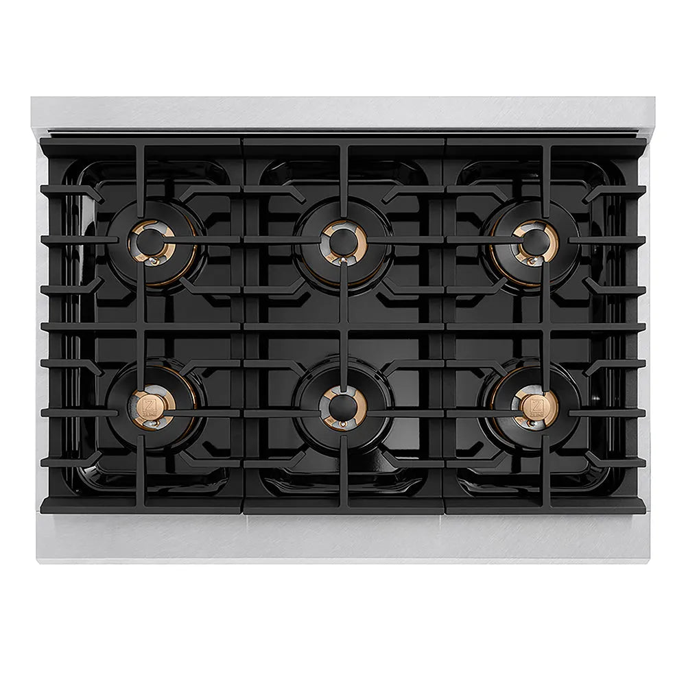 ZLINE Autograph Edition 36 in. 5.2 cu. ft. Paramount Gas Range with 6 Burner DuoPro™ Cooktop and Convection Gas Oven in Satin Stainless Steel with Black Matte Door and Polished Gold Accents (PSGRSZ-BLM36-G) top-down, above cooktop.