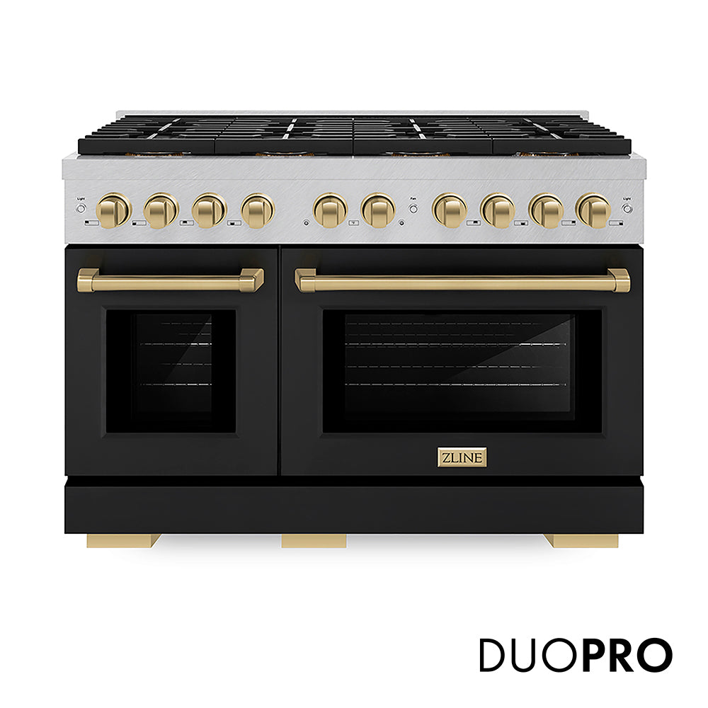 ZLINE Autograph Edition 48 in. 6.7 cu. ft. Paramount Gas Range with 8 Burner DuoPro™ Cooktop and Dual Ovens in Satin Stainless Steel with Black Matte Doors and Champagne Bronze Accents (PSGRSZ-BLM48-CB) front, with DuoPro™ logo.