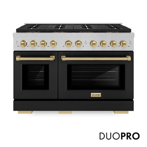 ZLINE Autograph Edition 48 in. 6.7 cu. ft. Paramount Gas Range with 8 Burner DuoPro™ Cooktop and Dual Ovens in Satin Stainless Steel with Black Matte Doors and Champagne Bronze Accents (PSGRSZ-BLM48-CB) front, with DuoPro™ logo.