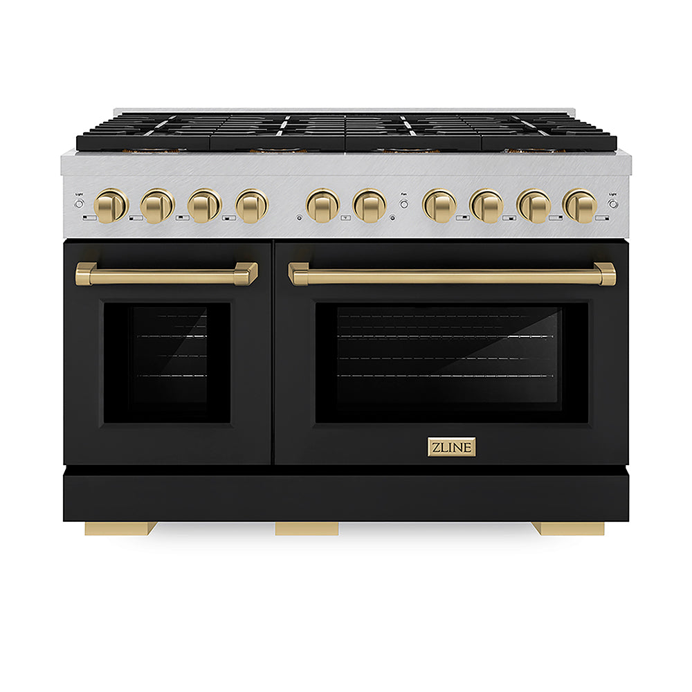 ZLINE Autograph Edition 48 in. 6.7 cu. ft. Paramount Dual Fuel Range with 8 Burner DuoPro™ Cooktop and Dual Ovens in Satin Stainless Steel with Black Matte Doors and Champagne Bronze Accents (PSDRSZ-BLM48-CB)