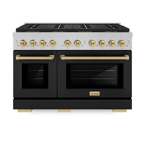 ZLINE Autograph Edition 48 in. 6.7 cu. ft. Paramount Dual Fuel Range with 8 Burner DuoPro™ Cooktop and Dual Ovens in Satin Stainless Steel with Black Matte Doors and Champagne Bronze Accents (PSDRSZ-BLM48-CB)