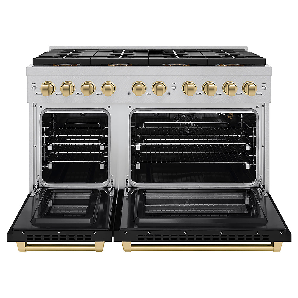 ZLINE Autograph Edition 48 in. 6.7 cu. ft. Paramount Gas Range with 8 Burner DuoPro™ Cooktop and Dual Ovens in Satin Stainless Steel with Black Matte Doors and Champagne Bronze Accents (PSGRSZ-BLM48-CB) front, oven open.