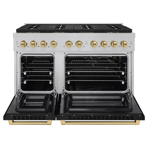 ZLINE Autograph Edition 48 in. 6.7 cu. ft. Paramount Gas Range with 8 Burner DuoPro™ Cooktop and Dual Ovens in Satin Stainless Steel with Black Matte Doors and Champagne Bronze Accents (PSGRSZ-BLM48-CB) front, oven open.
