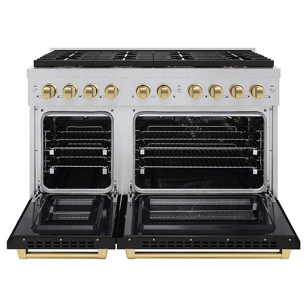 ZLINE Autograph Edition 48 in. 6.7 cu. ft. Paramount Gas Range with 8 Burner DuoPro™ Cooktop and Dual Ovens in Satin Stainless Steel with Black Matte Doors and Champagne Bronze Accents (PSGRSZ-BLM48-CB) front, oven open.