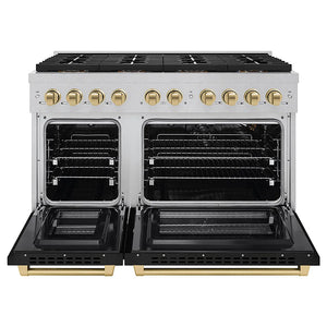 ZLINE Autograph Edition 48 in. 6.7 cu. ft. Paramount Gas Range with 8 Burner DuoPro™ Cooktop and Dual Ovens in Satin Stainless Steel with Black Matte Doors and Champagne Bronze Accents (PSGRSZ-BLM48-CB) front, oven open.