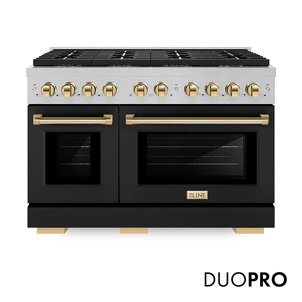 ZLINE Autograph Edition 48 in. 6.7 cu. ft. Paramount Gas Range with 8 Burner DuoPro™ Cooktop and Dual Ovens in Satin Stainless Steel with Black Matte Doors and Polished Gold Accents (PSGRSZ-BLM48-G) front, with DuoPro™ logo.