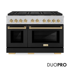 ZLINE Autograph Edition 48 in. 6.7 cu. ft. Paramount Gas Range with 8 Burner DuoPro™ Cooktop and Dual Ovens in Satin Stainless Steel with Black Matte Doors and Polished Gold Accents (PSGRSZ-BLM48-G) front, with DuoPro™ logo.