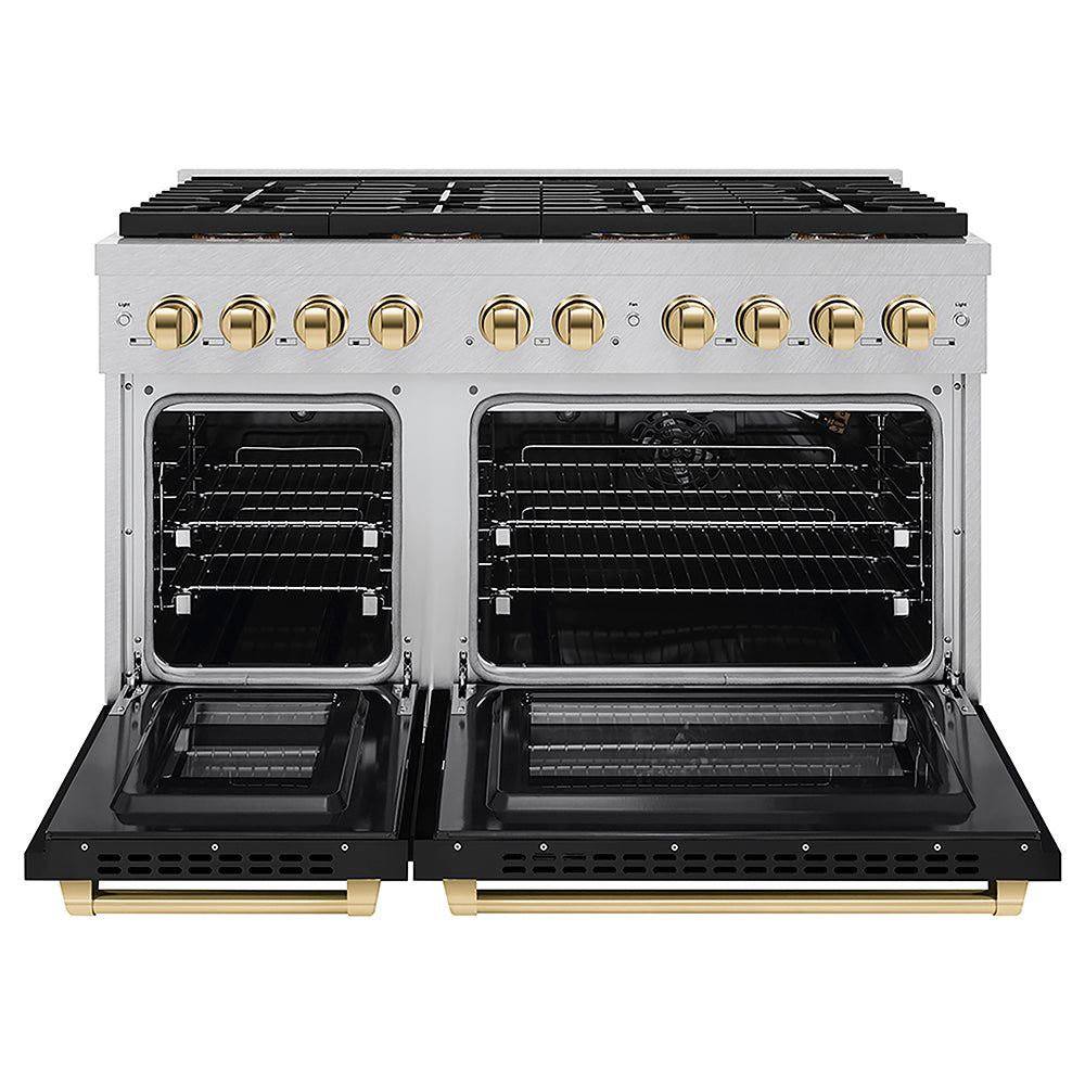 ZLINE Autograph Edition 48 in. 6.7 cu. ft. Paramount Gas Range with 8 Burner DuoPro™ Cooktop and Dual Ovens in Satin Stainless Steel with Black Matte Doors and Polished Gold Accents (PSGRSZ-BLM48-G) front, oven open.