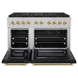 ZLINE Autograph Edition 48 in. 6.7 cu. ft. Paramount Gas Range with 8 Burner DuoPro™ Cooktop and Dual Ovens in Satin Stainless Steel with Black Matte Doors and Polished Gold Accents (PSGRSZ-BLM48-G) front, oven open.