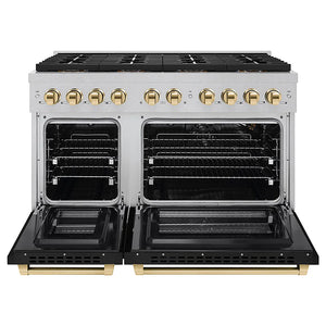 ZLINE Autograph Edition 48 in. 6.7 cu. ft. Paramount Gas Range with 8 Burner DuoPro™ Cooktop and Dual Ovens in Satin Stainless Steel with Black Matte Doors and Polished Gold Accents (PSGRSZ-BLM48-G) front, oven open.