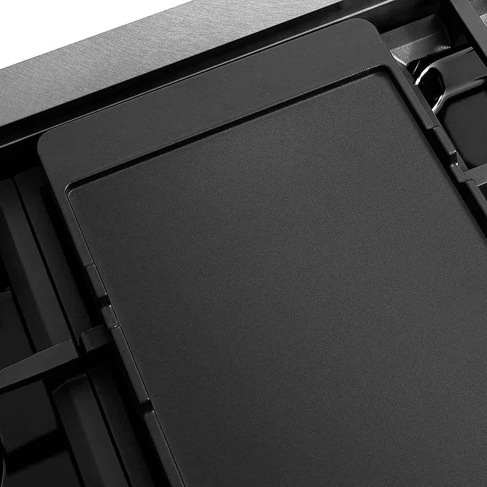 ZLINE Autograph Edition 48 in. 6.7 cu. ft. Paramount Gas Range with 8 Burner DuoPro™ Cooktop and Dual Ovens in Satin Stainless Steel with Black Matte Doors and Polished Gold Accents (PSGRSZ-BLM48-G) reversible griddle flat side.