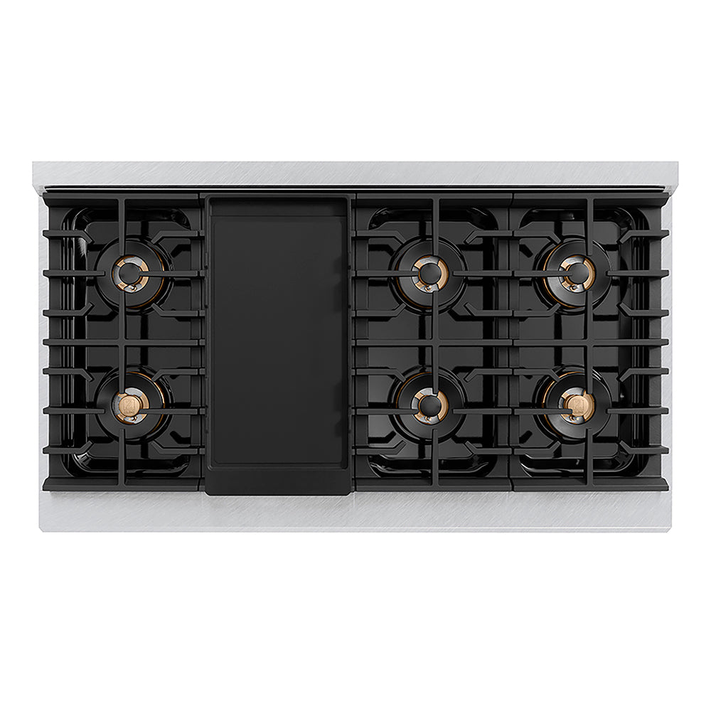 ZLINE Autograph Edition 48 in. 6.7 cu. ft. Paramount Gas Range with 8 Burner DuoPro™ Cooktop and Dual Ovens in Satin Stainless Steel with Black Matte Doors and Polished Gold Accents (PSGRSZ-BLM48-G) top-down, above cooktop.