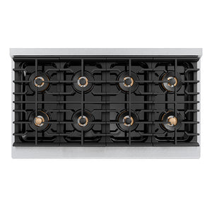 ZLINE Autograph Edition 48 in. 6.7 cu. ft. Paramount Gas Range with 8 Burner DuoPro™ Cooktop and Dual Ovens in Satin Stainless Steel with Black Matte Doors and Polished Gold Accents (PSGRSZ-BLM48-G) top-down, above cooktop.