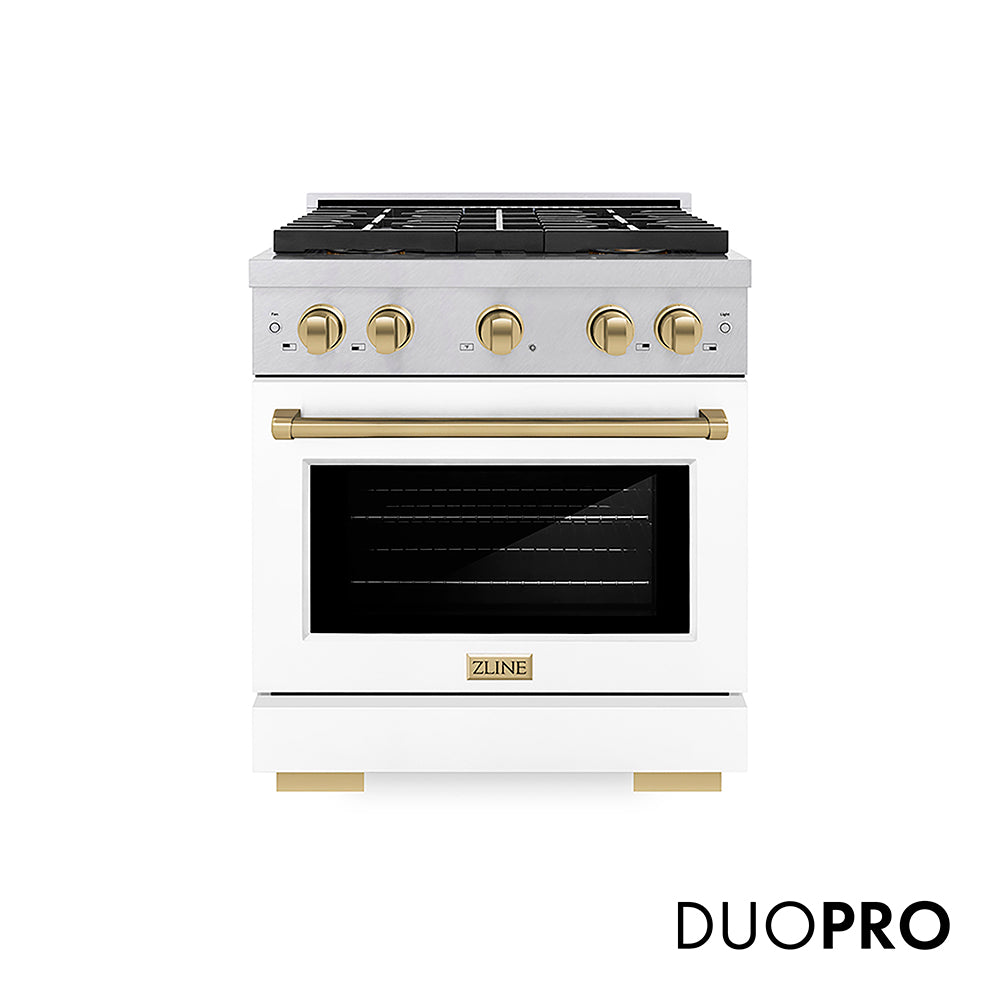 ZLINE Autograph Edition 30 in. 4.2 cu. ft. Paramount Gas Range with 4 Burner DuoPro™ Cooktop and Convection Gas Oven in Satin Stainless Steel with White Matte Door and Champagne Bronze Accents (PSGRSZ-WM-30-CB)
