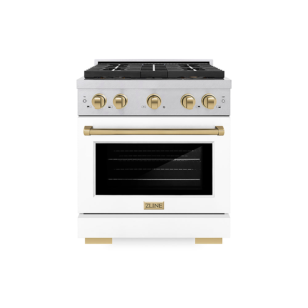 ZLINE Autograph Edition 30 in. 4.2 cu. ft. Paramount Gas Range with 4 Burner DuoPro™ Cooktop and Convection Gas Oven in Satin Stainless Steel with White Matte Door and Champagne Bronze Accents (PSGRSZ-WM-30-CB)