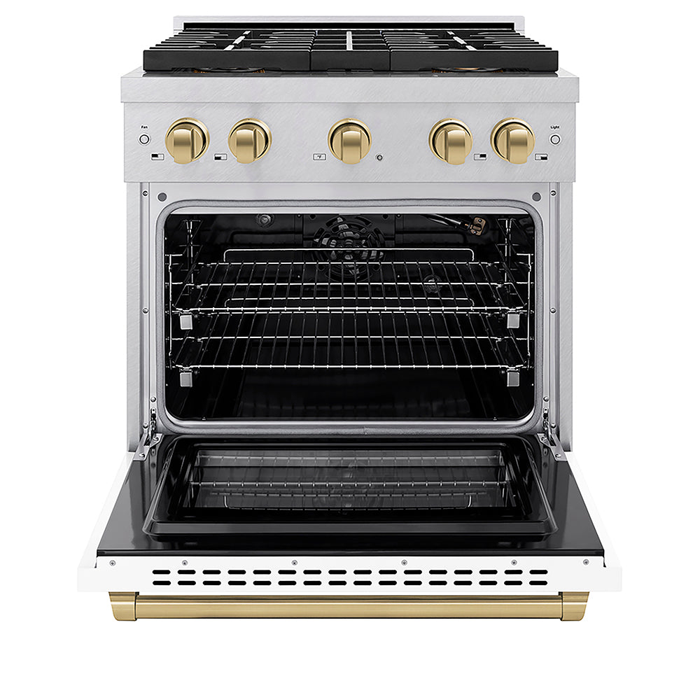 ZLINE Autograph Edition 30 in. 4.2 cu. ft. Paramount Gas Range with 4 Burner DuoPro™ Cooktop and Convection Gas Oven in Satin Stainless Steel with White Matte Door and Champagne Bronze Accents (PSGRSZ-WM-30-CB)