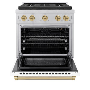 ZLINE Autograph Edition 30 in. 4.2 cu. ft. Paramount Gas Range with 4 Burner DuoPro™ Cooktop and Convection Gas Oven in Satin Stainless Steel with White Matte Door and Champagne Bronze Accents (PSGRSZ-WM-30-CB)