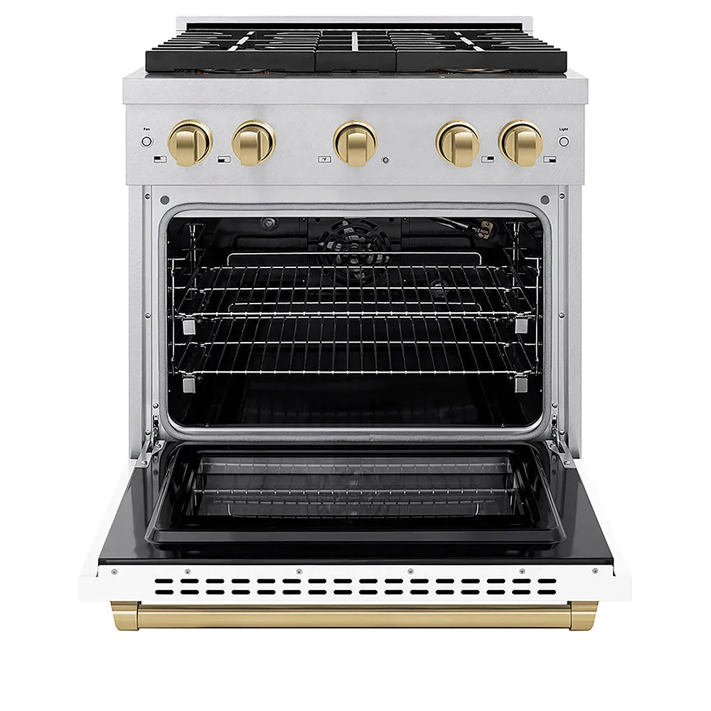 ZLINE Autograph Edition 30 in. 4.2 cu. ft. Paramount Gas Range with 4 Burner DuoPro™ Cooktop and Convection Gas Oven in Satin Stainless Steel with White Matte Door and Champagne Bronze Accents (PSGRSZ-WM-30-CB) front, oven open.