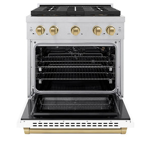 ZLINE Autograph Edition 30 in. 4.2 cu. ft. Paramount Gas Range with 4 Burner DuoPro™ Cooktop and Convection Gas Oven in Satin Stainless Steel with White Matte Door and Champagne Bronze Accents (PSGRSZ-WM-30-CB) front, oven open.