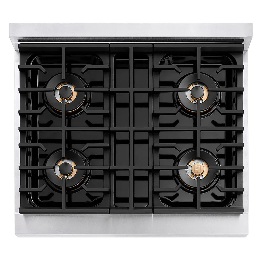 ZLINE Autograph Edition 30 in. 4.2 cu. ft. Paramount Gas Range with 4 Burner DuoPro™ Cooktop and Convection Gas Oven in Satin Stainless Steel with White Matte Door and Champagne Bronze Accents (PSGRSZ-WM-30-CB) top-down, above cooktop.