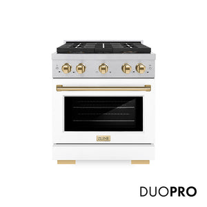 ZLINE Autograph Edition 30 in. 4.2 cu. ft. Paramount Gas Range with 4 Burner DuoPro™ Cooktop and Convection Gas Oven in Satin Stainless Steel with White Matte Door and Polished Gold Accents (PSGRSZ-WM-30-G)